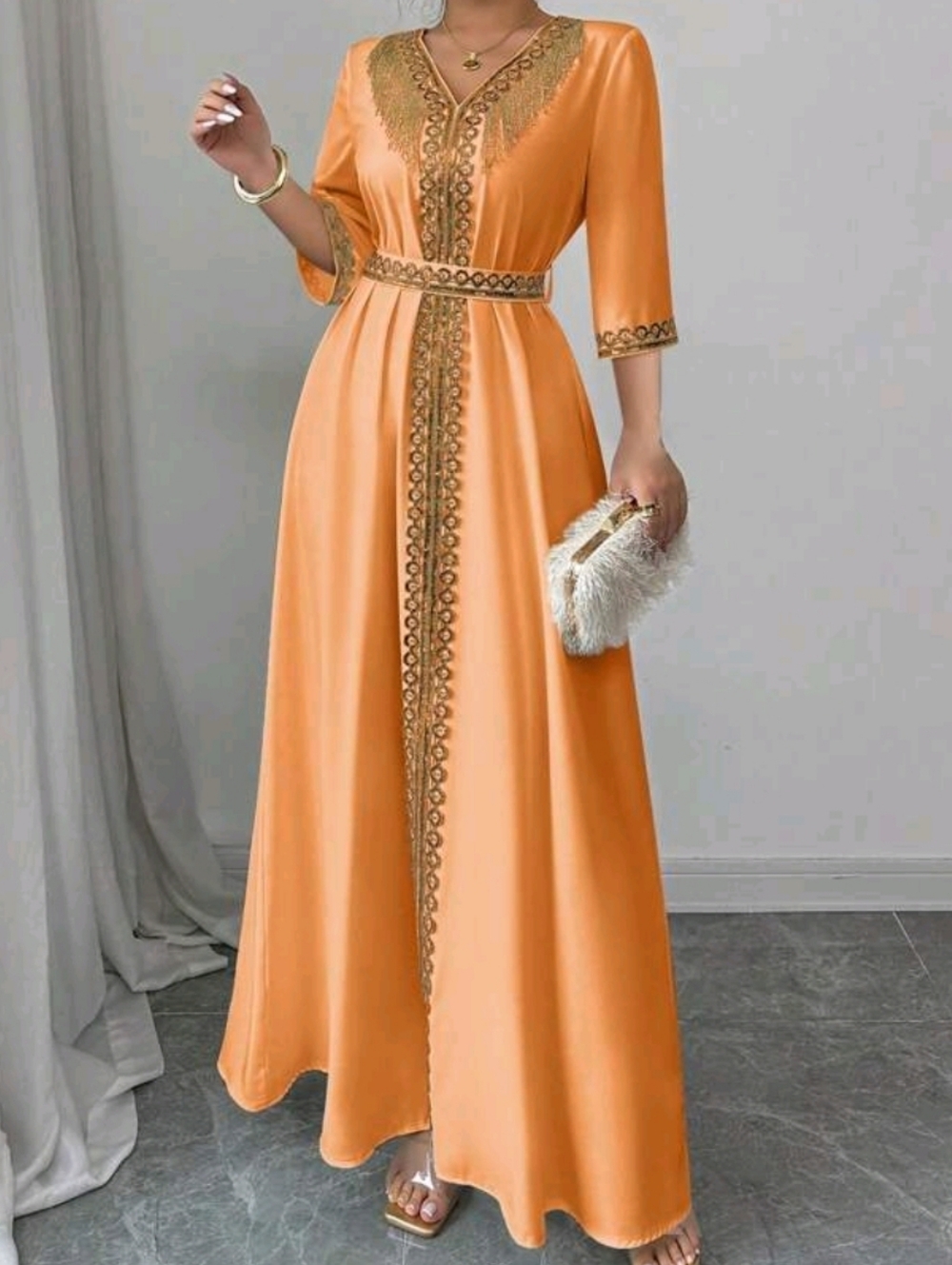 Beautifuland Elegant And Modest Orange Embellished V-Neck Maxi Dress With Belt